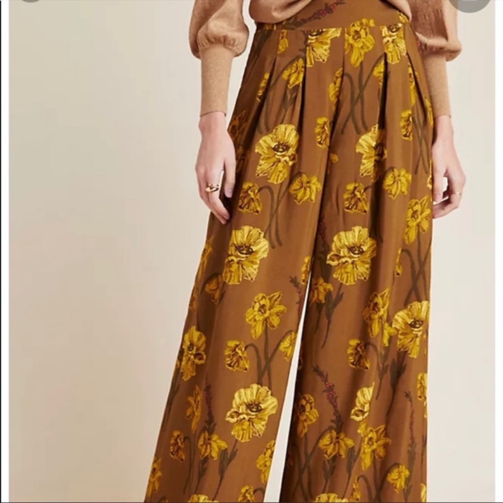 New Anthropologie Maeve Terrace Floral Brown Yellow Autumn Fall Wide Leg Pants 6 - Picture 2 of 8